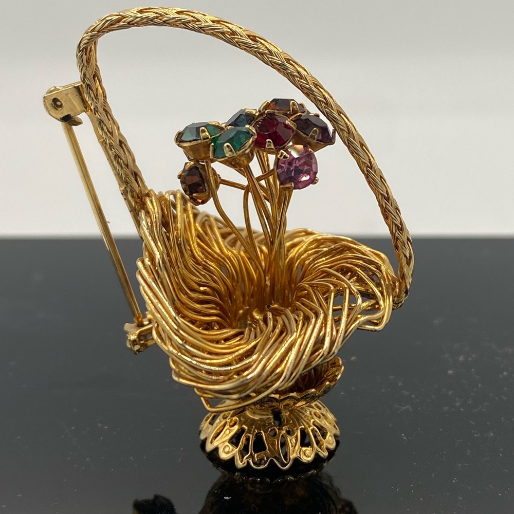 Goldtone Wire Basket with Multicolor RhineStone Brooch Pin